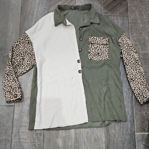 Oversized Two-Tone Green and White Button Up